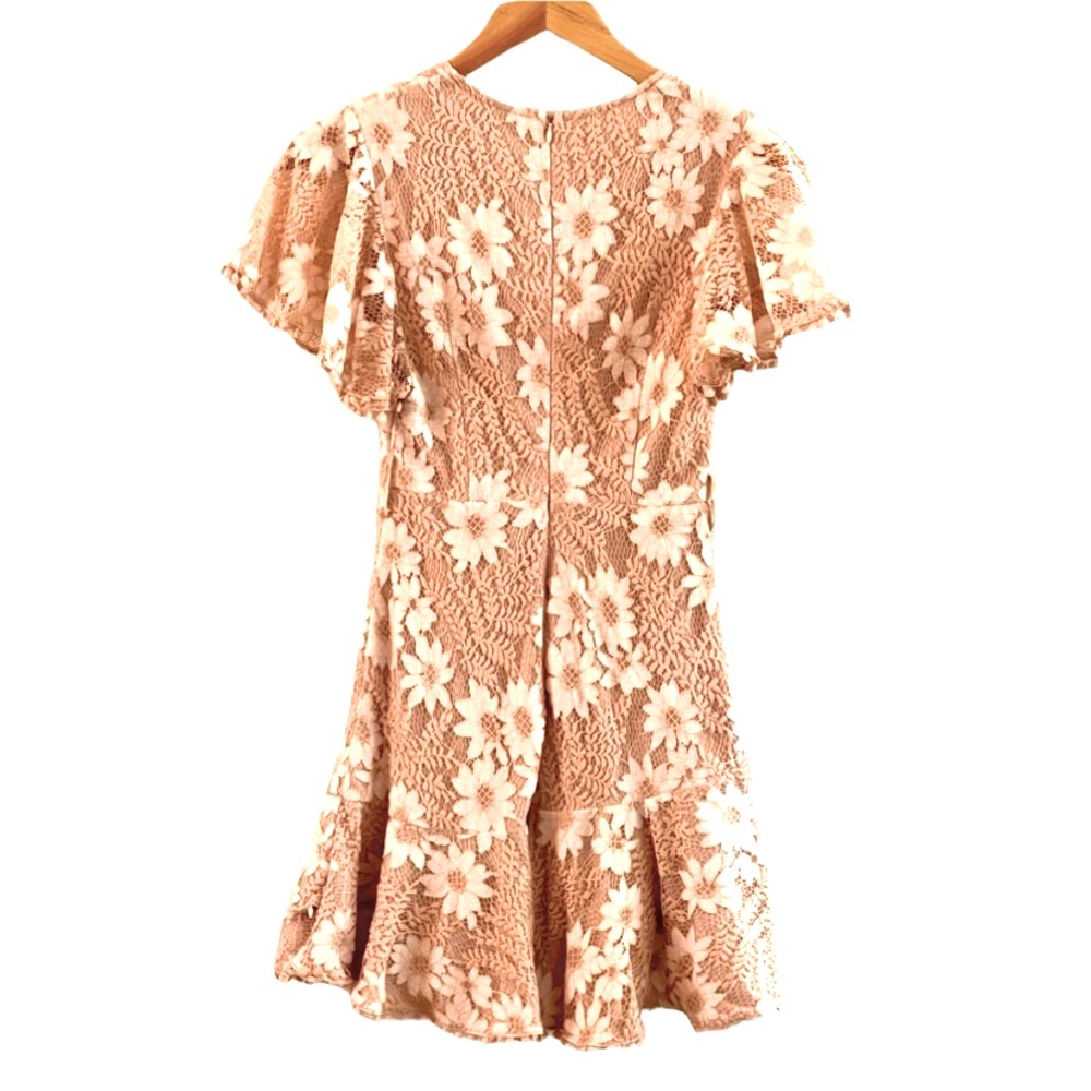Princess Polly Floral Crochet Lace Overlay Surplice Ruffle Belted Mini Dress - Picture 6 of 7